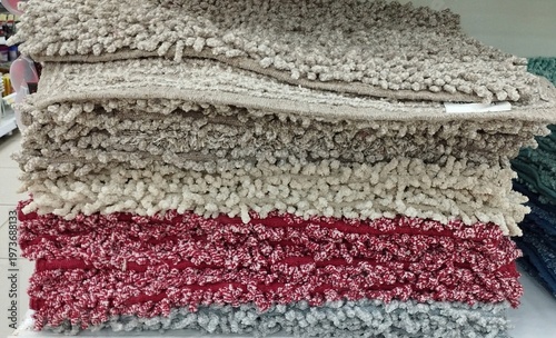 Canvas Print Stacked shag bathroom rugs in gray beige and vibrant red with texture