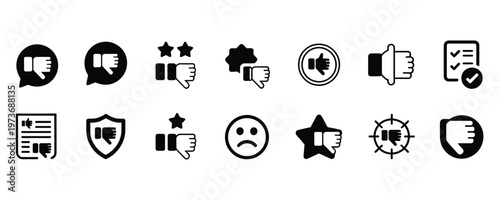 Collection of dislike icons and negative feedback symbols in black and white