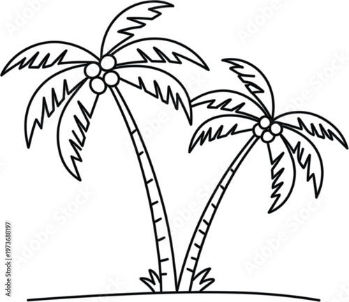 Two black and white line palm trees on a beach line black and white