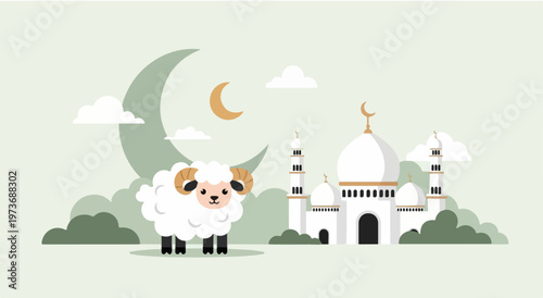 Modern flat vector illustration for Eid al-Adha, featuring a cute sheep, mosque, and crescent moon. Ideal for digital greetings, social media, and web design.