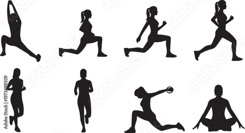 Fitness and Yoga Woman Silhouette Action Set