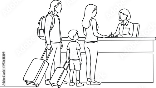 Family checking in at reception desk illustration travel with luggage hotel service concept line art vector design