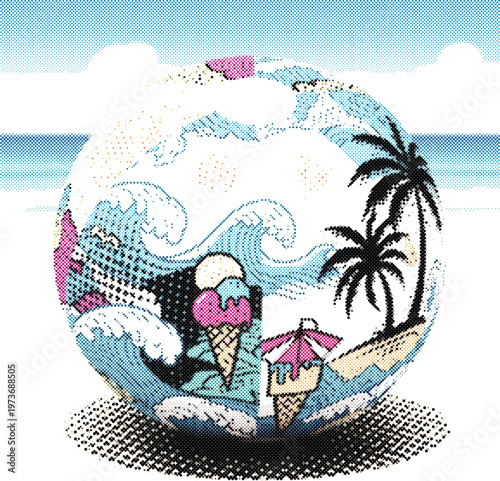 Pop art halftone tropical earth vector graphic for summer vacation flyer