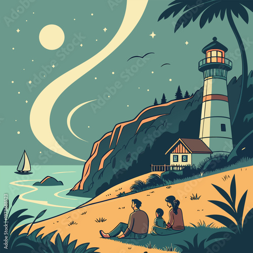 Warm beach bonfire scene under night sky with glowing fire and social atmosphere. Perfect for event posters, travel branding, and summer night visuals.