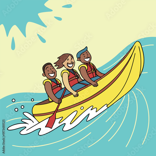 Fun banana boat ride scene with group activity on ocean waves. Perfect for travel promotions and beach tourism designs.