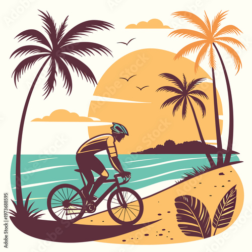 Relaxing beach cycling scene featuring a rider moving along sandy shores with ocean waves and tropical background. Ideal for travel promotions, lifestyle branding, fitness campaigns, and summer-themed