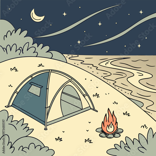 Relaxing beach camping scene with tent and night sky. Ideal for outdoor lifestyle, travel branding, and adventure visuals.