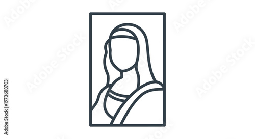 a simplified line art icon of a classic woman portrait in a frame ideal for artistic cultural and museum-themed designs and presentations.