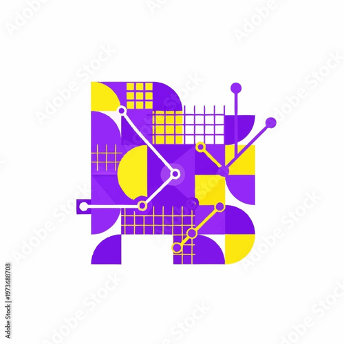Geometric shapes in purple and yellow.