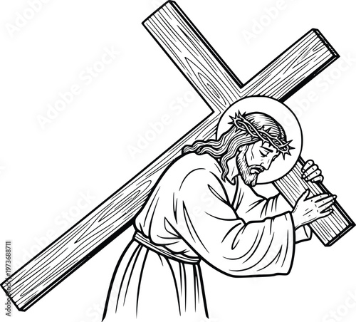 Jesus Christ Carrying the Cross Hand Drawn Line Art Christian Illustration