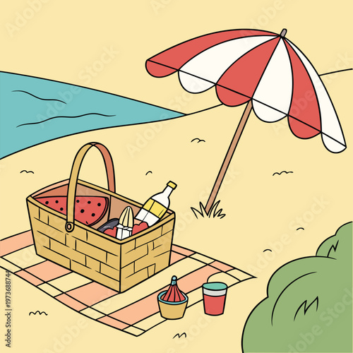 Relaxing beach picnic vector scene with basket, umbrella, and ocean view. Ideal for lifestyle, travel, and summer design projects.