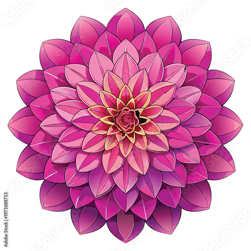 Beautiful vibrant pink dahlia flower illustration with intricate layered petals and exquisite radial symmetry design