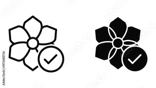 Contrast between outlined and filled stylized flower icons with checkmarks