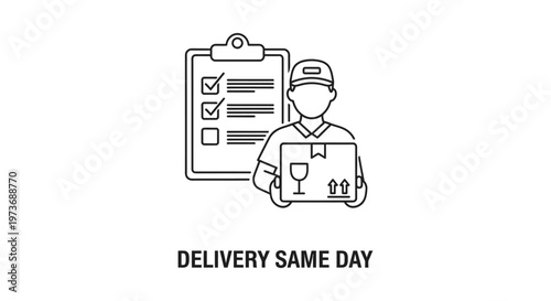delivery same day service concept with a courier holding a package and a checklist symbolizing fast and efficient shipping logistics.