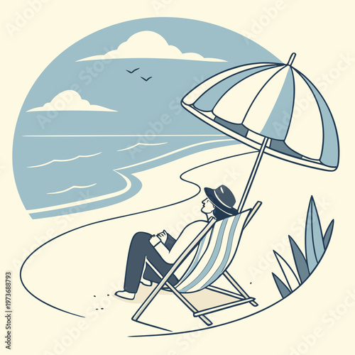 Calm beach relaxation scene with chair and umbrella. Perfect for vacation ads, lifestyle branding, and travel designs.