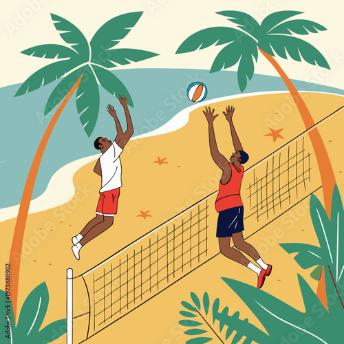 Energetic beach volleyball scene with players in action. Ideal for sports branding, event posters, and summer promotions.
