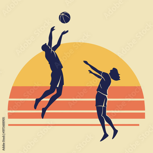 Minimal silhouette beach volleyball scene with sunset background. Ideal for sports branding, posters, and modern design.