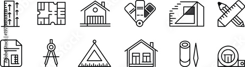 Architecture Blueprint Icon Set Featuring House Floor Plans Construction Tools Drafting Equipment Engineering Symbols Measurement Scales and Professional Home Building Design Graphics