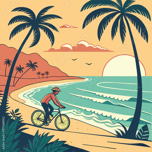 Relaxing beach cycling scene featuring a rider moving along sandy shores with ocean waves and tropical background. Ideal for travel promotions, lifestyle branding, fitness campaigns, and summer-themed