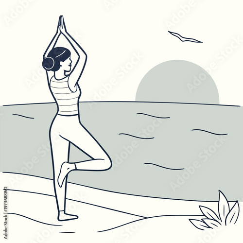 Peaceful beach yoga vector scene with calm ocean and sunrise background. Ideal for wellness branding, spa marketing, and relaxation themes.