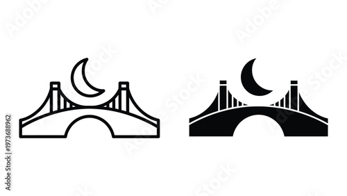 Contrasting bridge silhouettes under a crescent moon at night
