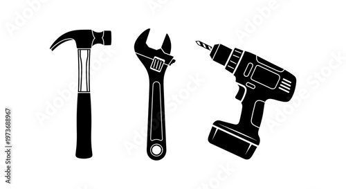 essential set of construction and repair tools featuring a hammer adjustable wrench and cordless drill in graphic silhouettes