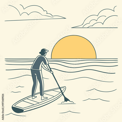 Minimal paddle boarding scene on calm water. Ideal for travel branding, lifestyle content, and beach tourism visuals.