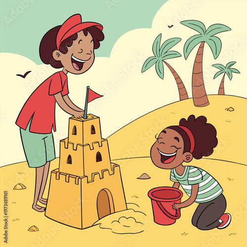 Fun sandcastle building scene with playful beach environment. Perfect for kids designs, education, and family vacation visuals.