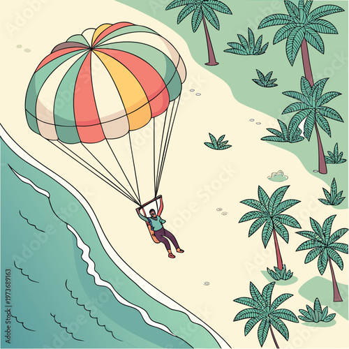 Colorful parasailing vector showing a person flying above the ocean with a parachute. Perfect for tourism ads, beach promotions, and adventure travel designs.