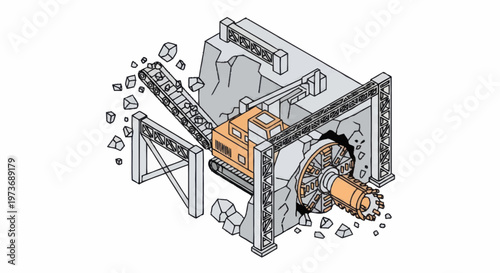 Tunnel Boring Machine Excavating Rock with Conveyor System.