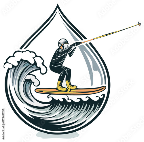 Wakeboarder Performs a Trick Over Waves Inside Water Drop Emblem Aquatic Sport
