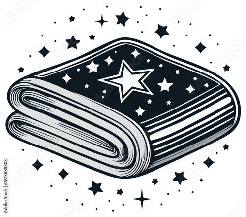 Detailed mystical book illustration with stars and geometric patterns. Magic themes and esoteric studies are implied. Ink drawing style and dark monochrome design.