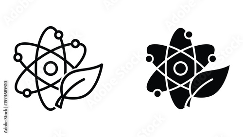 Contrasting atomic symbols with leaf elements in black and white line art