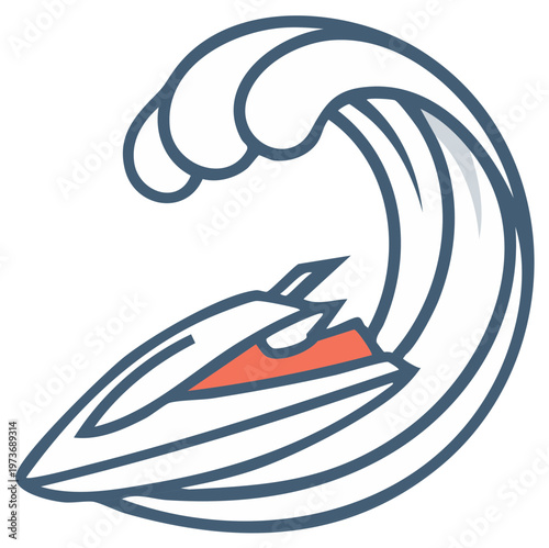 Modern jet ski riding a breaking ocean wave simple graphic illustration water sport action