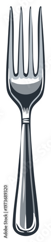 Illustration of a shiny, metallic fork, isolated on a white background, silverware concept