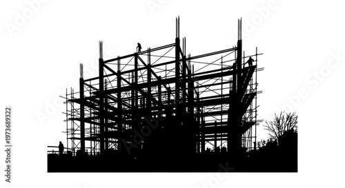 construction workers building a large structure with extensive scaffolding at a development site symbolizing progress and hard work.
