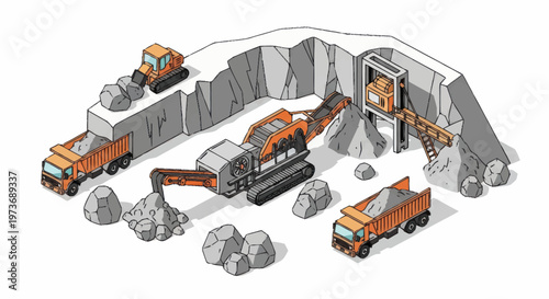 Industrial Mining Operation with Heavy Machinery and Trucks.