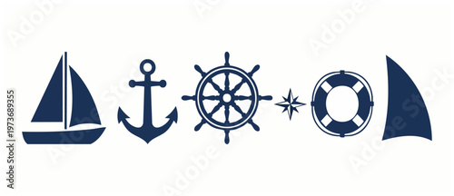 Nautical Icons Set Collection: Sailboat, Anchor, Ship Wheel, Compass and Lifebuoy Vector Graphics for Maritime Design Projects, Navy Blue Flat Silhouettes on White Background for Travel and Marine The