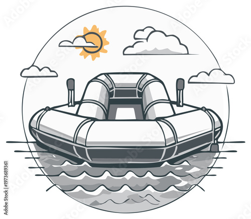 Inflatable raft on water under sunny sky with clouds illustration concept for adventure