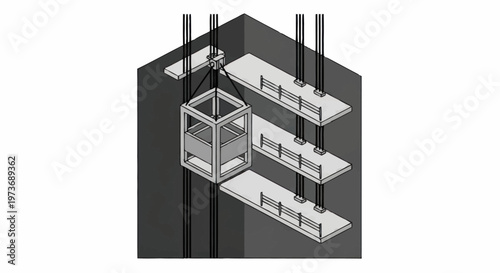 Elevator Shaft Interior With Cab and Floors.