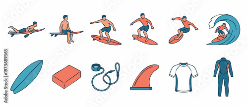 Surfing progression icons set with surfboard, wave, and gear equipment for summer beach lifestyle, showing man learning surf maneuvers and essential accessories for water sports training in flat vecto