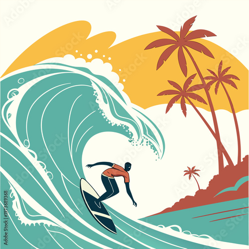 Dynamic surfing vector scene featuring a surfer riding a powerful wave. Perfect for travel ads, sports branding, summer campaigns, and beach lifestyle designs. High-quality vector ensures scalability 