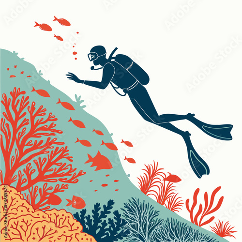 Snorkeling vector scene showing a swimmer exploring coral reefs and marine life. Ideal for tourism, travel blogs, and beach marketing visuals.
