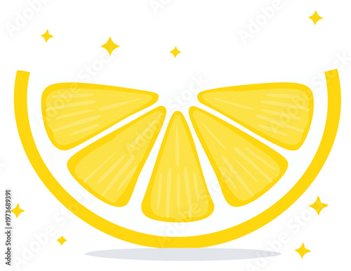 Vibrant yellow lemon slice cartoon vector illustration, radiating freshness with sparkling star accents, symbolising citrus and zesty flavors