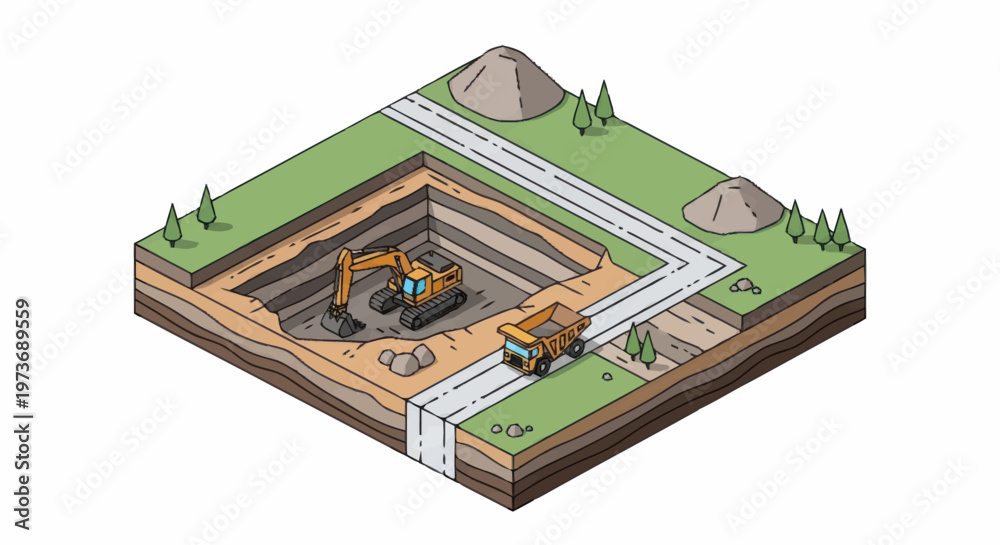 Obraz premium Excavator and Dump Truck in Open Pit Mine Construction.