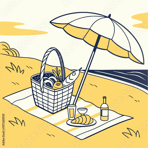 Relaxing beach picnic vector scene with basket, umbrella, and ocean view. Ideal for lifestyle, travel, and summer design projects.