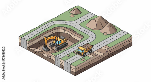 Isometric view of construction site with excavator and dump truck.