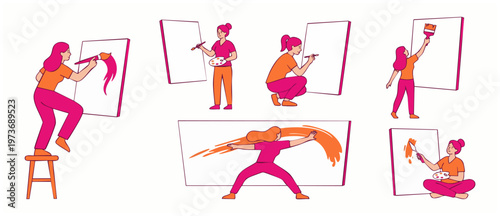 Woman artist painting canvas set, creative creative female character drawing illustrations, flat line art style isolated on white background, professional artist hobby and artistic workshop concept de