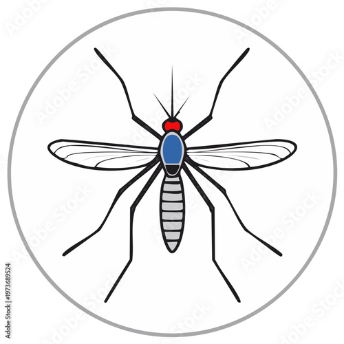 Stylized mosquito illustration with blue thorax and red head in a circular frame