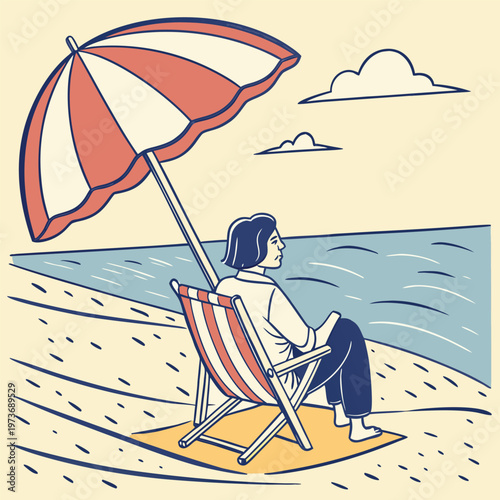 Calm beach relaxation scene with chair and umbrella. Perfect for vacation ads, lifestyle branding, and travel designs.